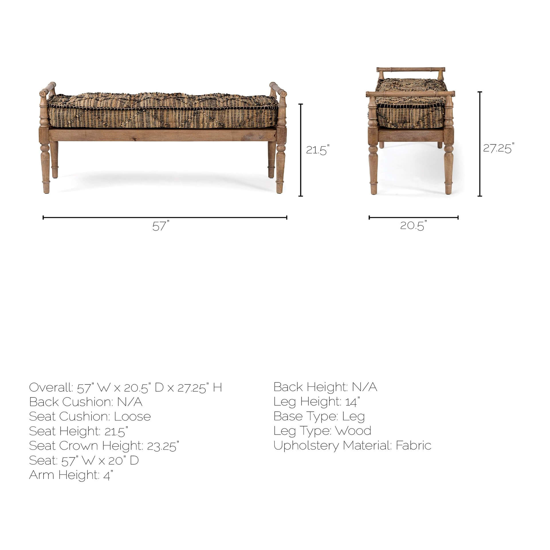 Banc en jute et bois sculpté Fullerton