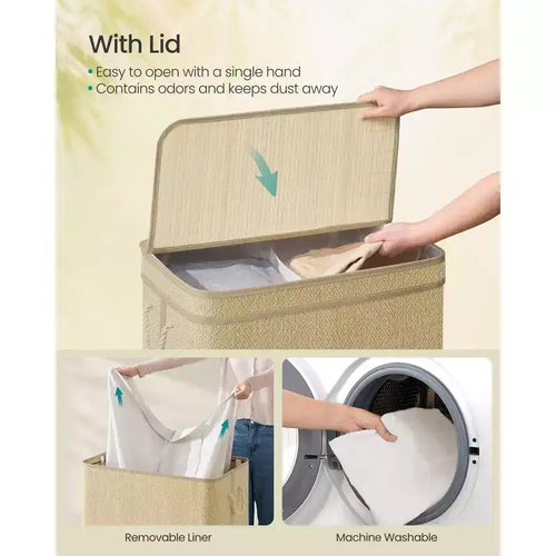 Panier à linge à 2 compartiments avec sacs amovibles et lavables, rangement en bambou de 130 litres avec couvercle, couleur naturelle