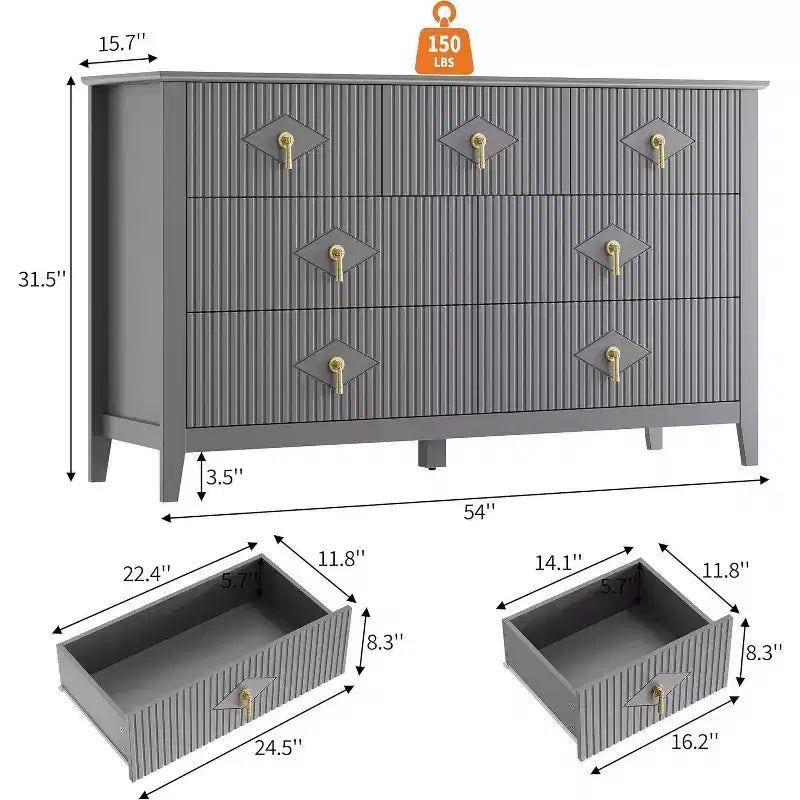 Commode à 7 tiroirs cannelés de 54 po – Armoire de rangement moderne en bois pour chambre et salon