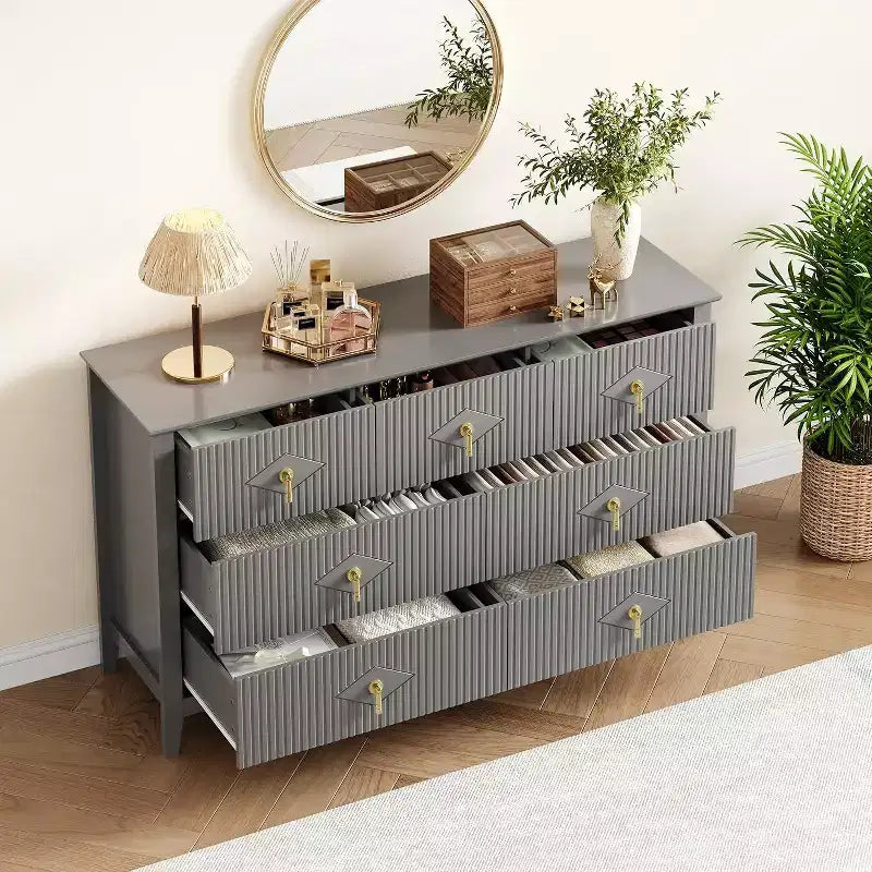 Commode à 7 tiroirs cannelés de 54 po – Armoire de rangement moderne en bois pour chambre et salon