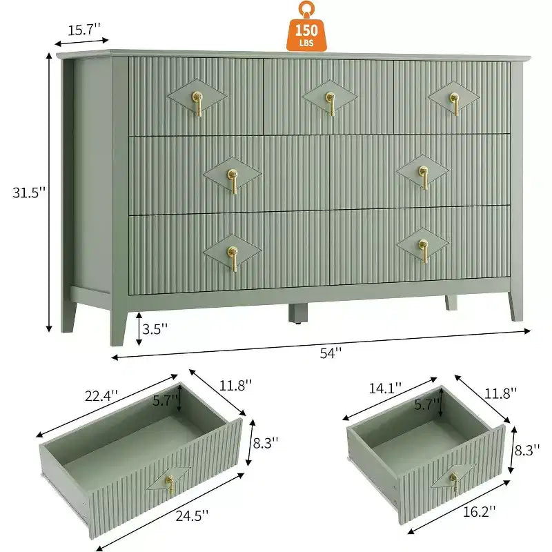 Commode à 7 tiroirs cannelés de 54 po – Armoire de rangement moderne en bois pour chambre et salon
