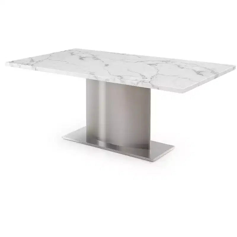 HomeRoots 72 Gray White and Silver Marble and Stainless Steel Pedestal Base Dining Table
