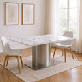 Table à manger avec piédestal en marbre gris, blanc et argent et acier inoxydable de 72 po