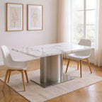 Table à manger avec piédestal en marbre gris, blanc et argent et acier inoxydable de 72 po