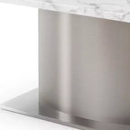 Table à manger avec piédestal en marbre gris, blanc et argent et acier inoxydable de 72 po