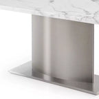 Table à manger avec piédestal en marbre gris, blanc et argent et acier inoxydable de 72 po