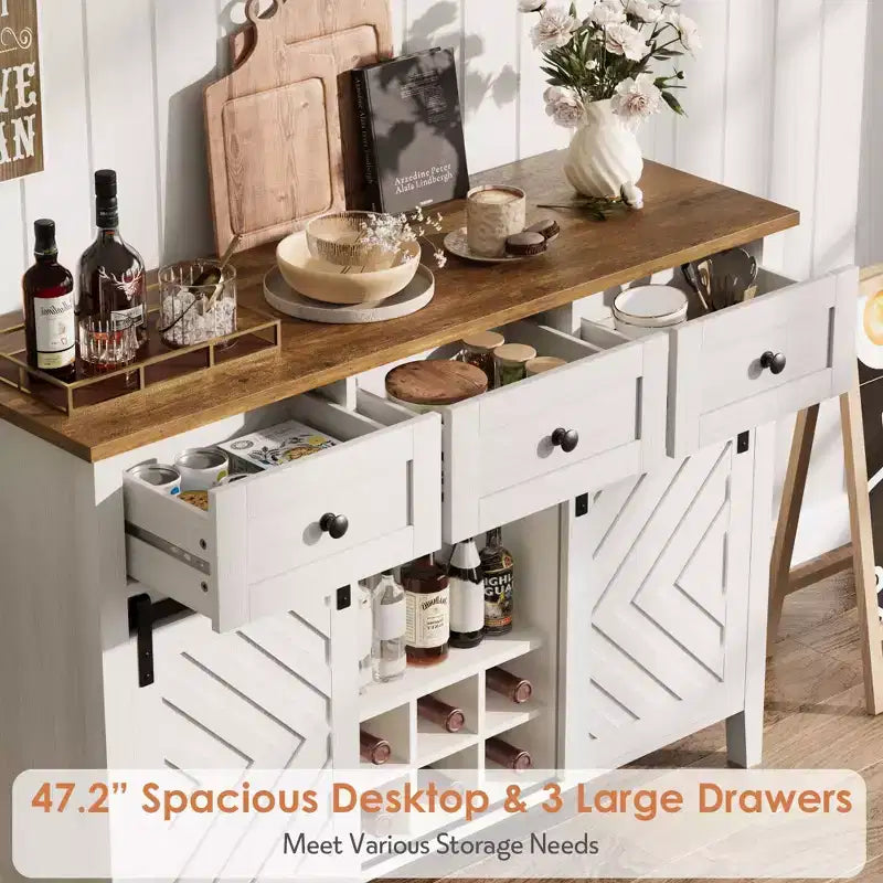 Meuble de bar à café de style ferme avec porte coulissante, buffet avec casier à vin et 3 tiroirs
