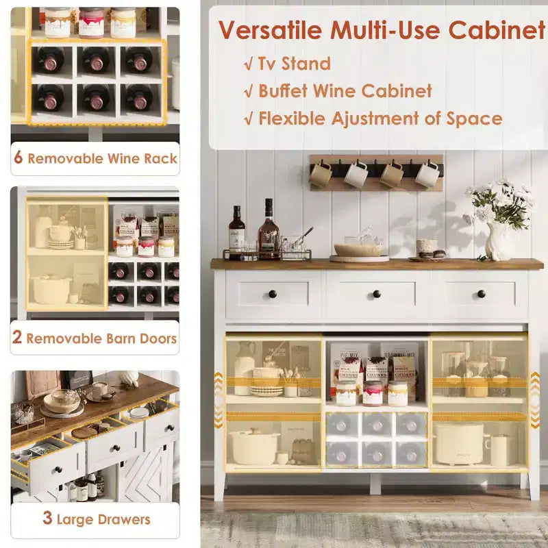 Meuble de bar à café de style ferme avec porte coulissante, buffet avec casier à vin et 3 tiroirs