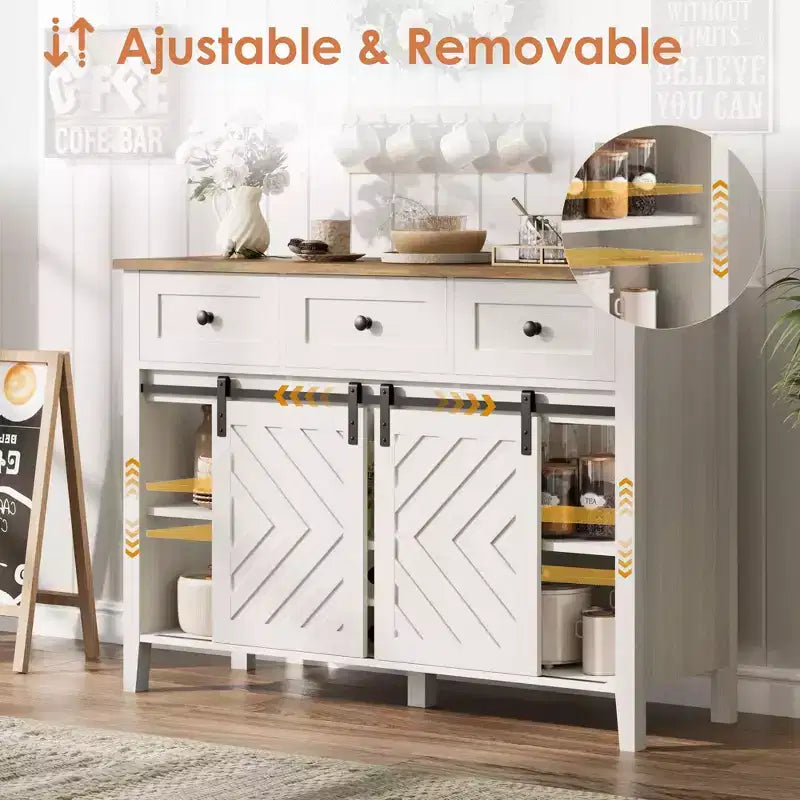 Meuble de bar à café de style ferme avec porte coulissante, buffet avec casier à vin et 3 tiroirs