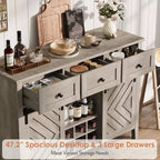 Meuble de bar à café de style ferme avec porte coulissante, buffet avec casier à vin et 3 tiroirs