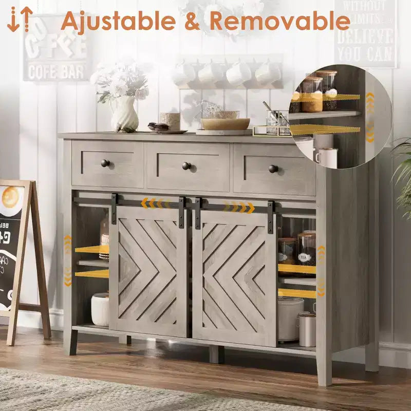 Meuble de bar à café de style ferme avec porte coulissante, buffet avec casier à vin et 3 tiroirs