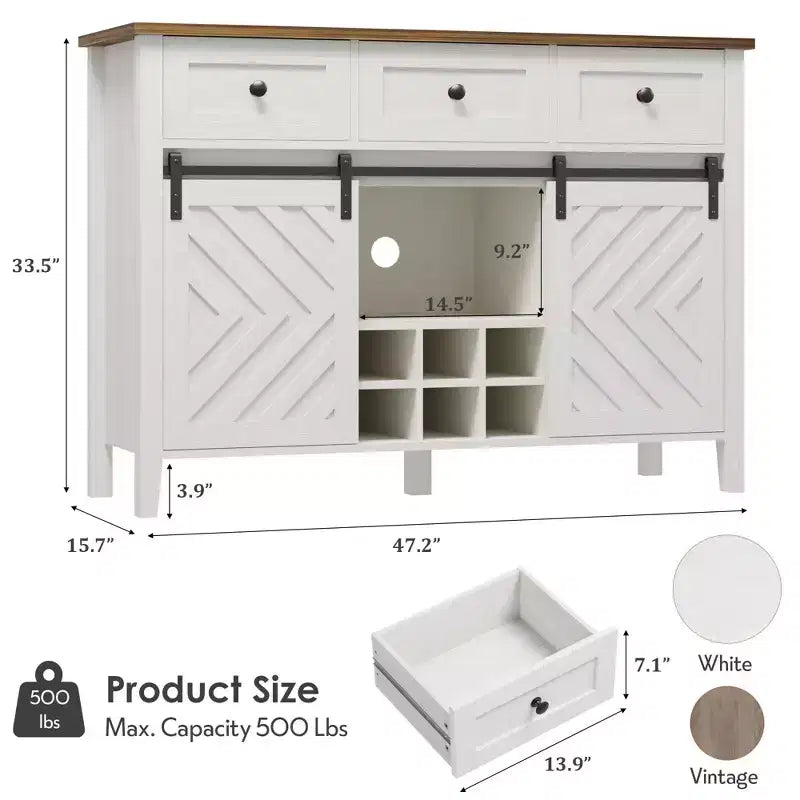 Meuble de bar à café de style ferme avec porte coulissante, buffet avec casier à vin et 3 tiroirs