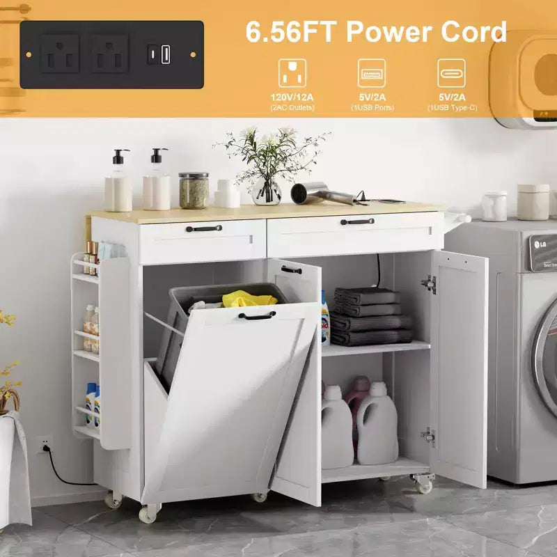 Îlot de cuisine mobile avec prise de courant et abattant, desserte roulante multifonctionnelle avec rangement, porte-épices et porte-serviettes