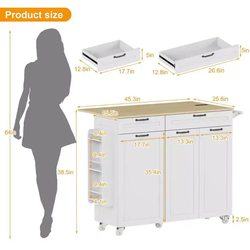 Îlot de cuisine mobile avec prise de courant et abattant, desserte roulante multifonctionnelle avec rangement, porte-épices et porte-serviettes