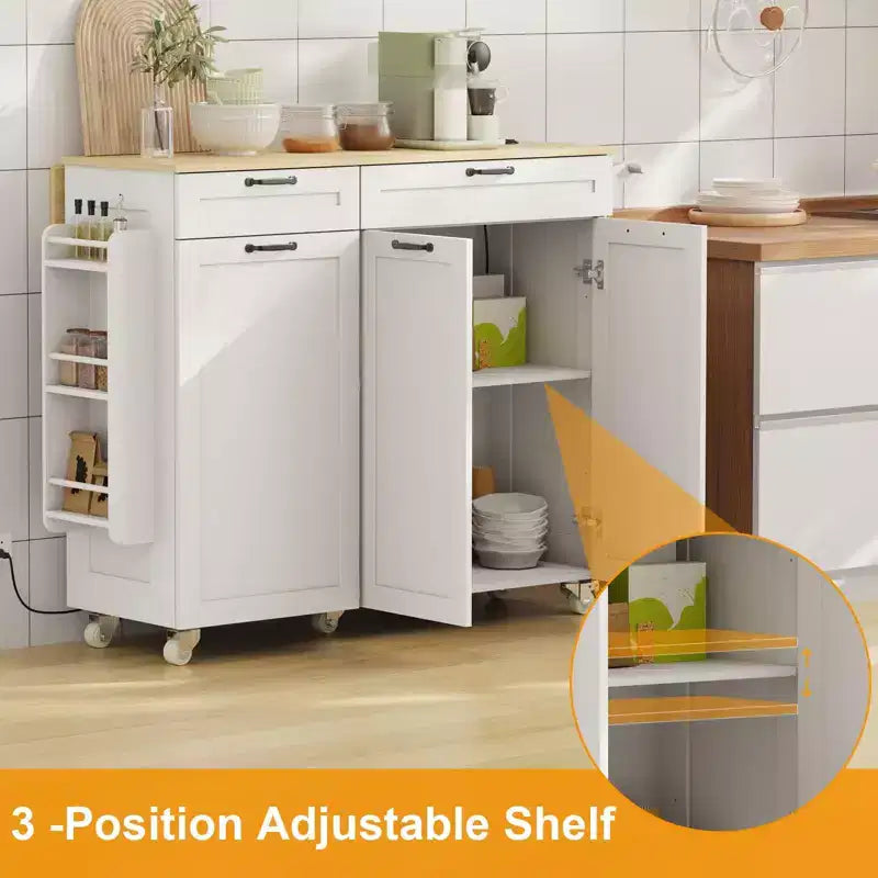 Îlot de cuisine mobile avec prise de courant et abattant, desserte roulante multifonctionnelle avec rangement, porte-épices et porte-serviettes