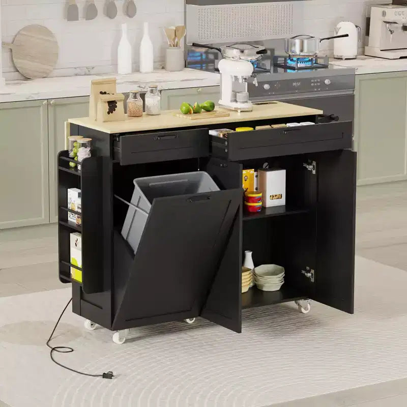 Îlot de cuisine mobile avec prise de courant et abattant, desserte roulante multifonctionnelle avec rangement, porte-épices et porte-serviettes