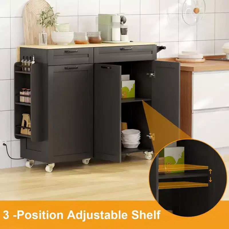 Îlot de cuisine mobile avec prise de courant et abattant, desserte roulante multifonctionnelle avec rangement, porte-épices et porte-serviettes