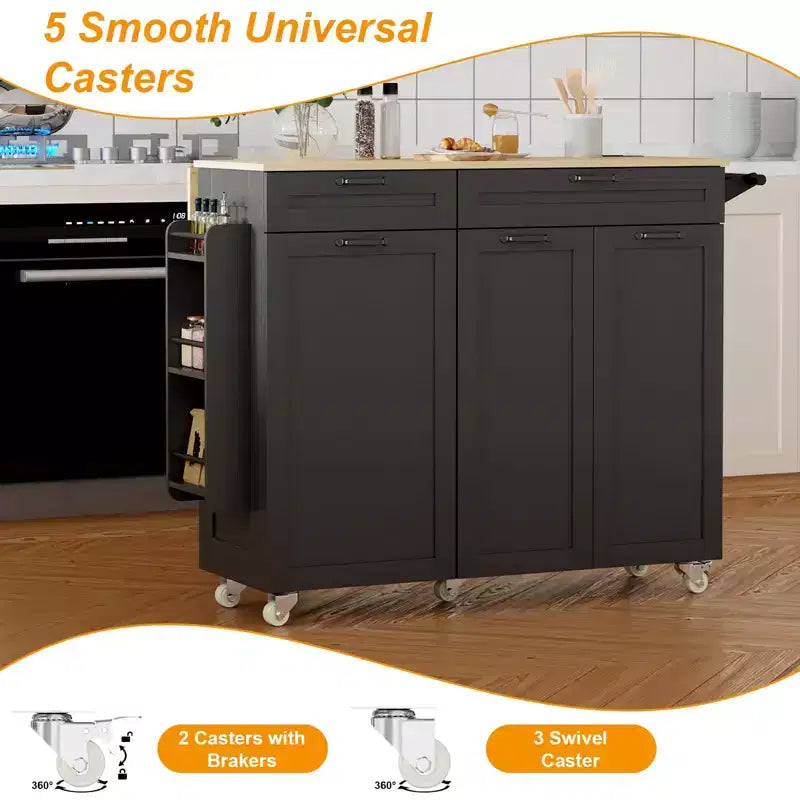 Îlot de cuisine mobile avec prise de courant et abattant, desserte roulante multifonctionnelle avec rangement, porte-épices et porte-serviettes