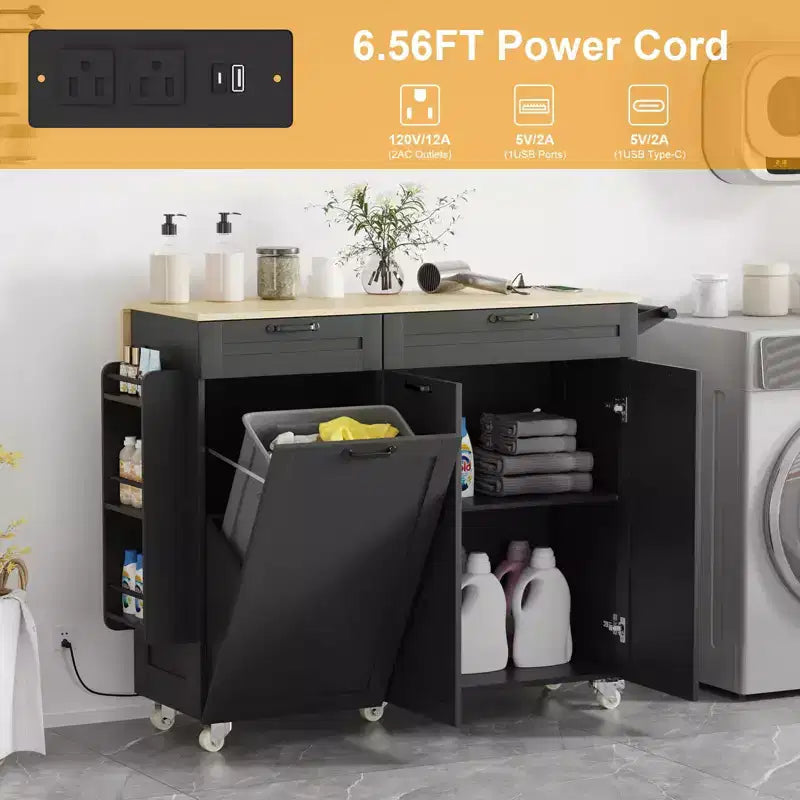 Îlot de cuisine mobile avec prise de courant et abattant, desserte roulante multifonctionnelle avec rangement, porte-épices et porte-serviettes