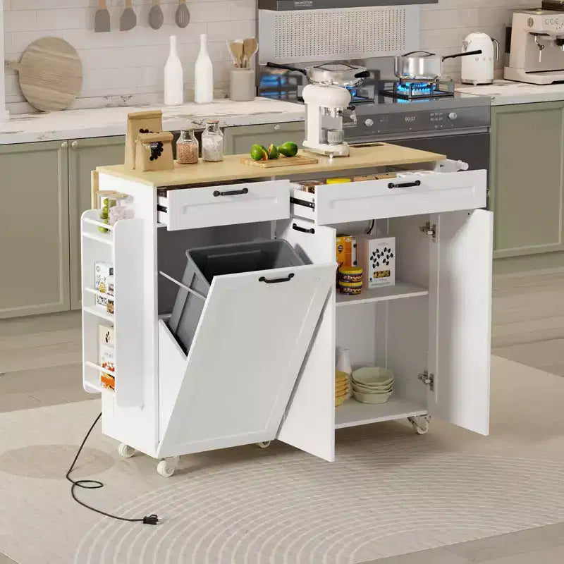 Îlot de cuisine mobile avec prise de courant et abattant, desserte roulante multifonctionnelle avec rangement, porte-épices et porte-serviettes