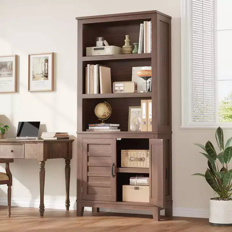 Bookcase with Door 5 Tier Storage Bookshelf Wooden Farmhouse Bookshelves Rustic Vintage Etagere Walnut Cabinet for Home Office,Living Room,Bed Room
