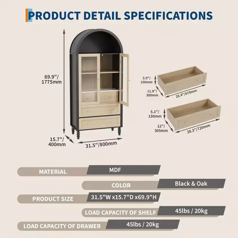 Meuble de rangement haut de 70 po avec étagères réglables, armoire de garde-manger moderne en bois avec lumières LED, portes en verre trempé et 3 tiroirs