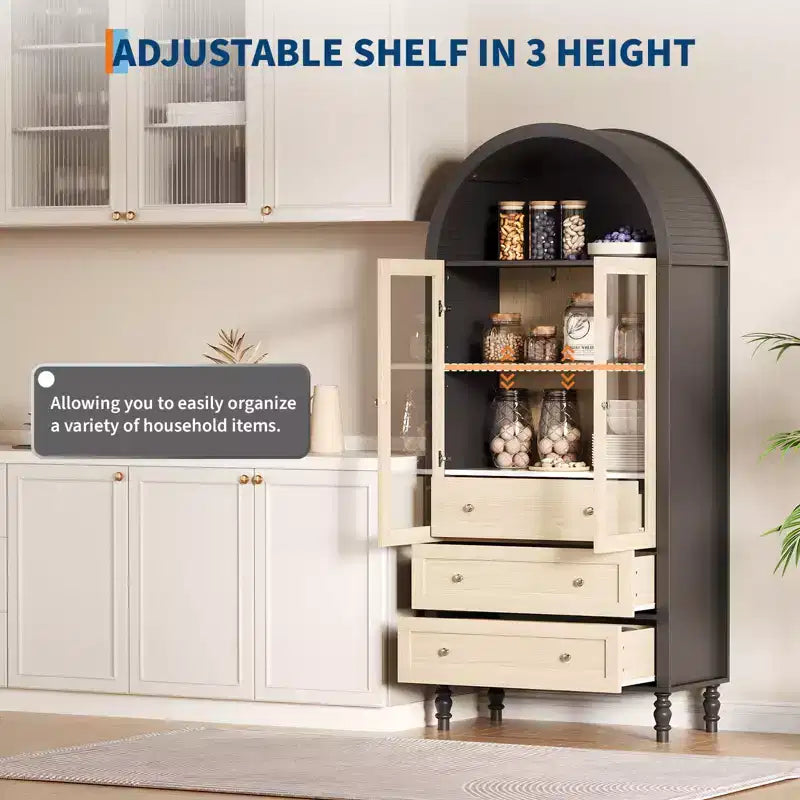 Meuble de rangement haut de 70 po avec étagères réglables, armoire de garde-manger moderne en bois avec lumières LED, portes en verre trempé et 3 tiroirs