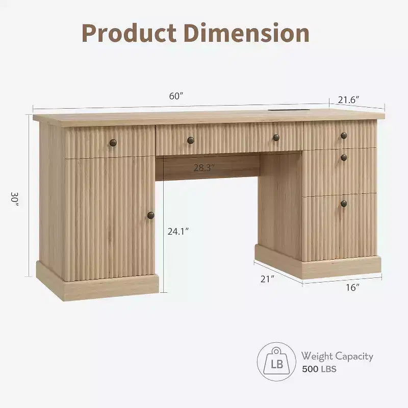 Bureau de rangement pour la maison, bureau de 152 cm avec station de charge et niches, bureau d'ordinateur en bois avec tiroir de classement pour salle d'étude