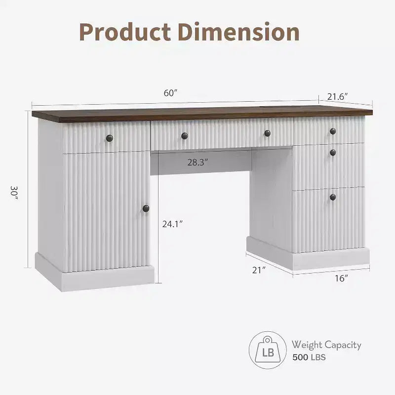 Bureau de rangement pour la maison, bureau de 152 cm avec station de charge et niches, bureau d'ordinateur en bois avec tiroir de classement pour salle d'étude