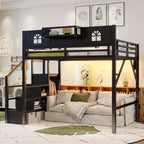 Whisen Metal Full Size Loft Bed with Stairs, High and House Shaped Guardrails & Wardrobe for Kids Teens