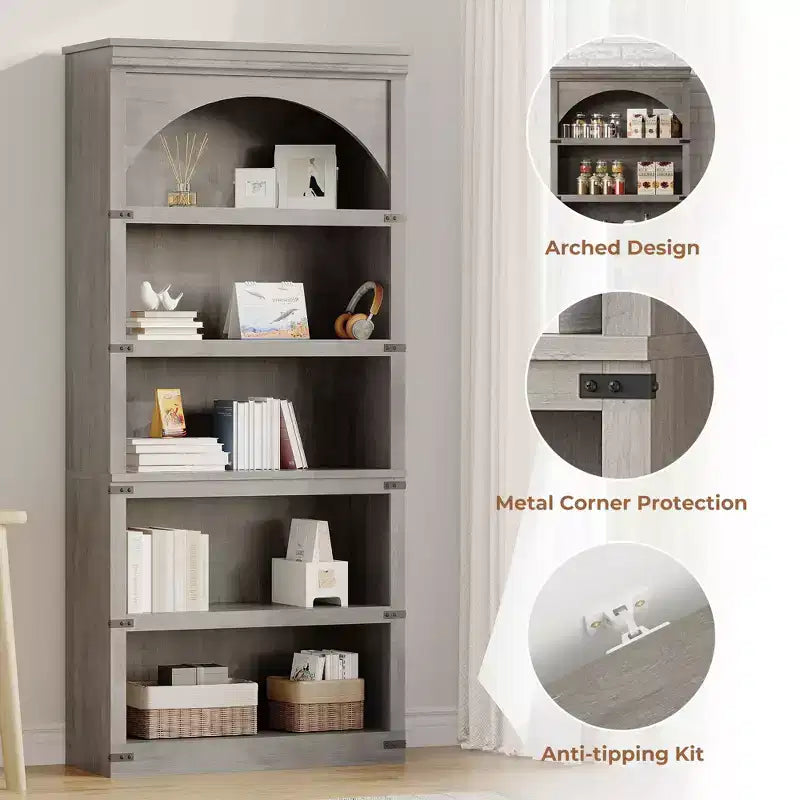 Bibliothèque arquée, étagère à 5 niveaux, bibliothèque de style ferme de 174,5 cm de haut, étagère de rangement incurvée pour le bureau à domicile, le salon