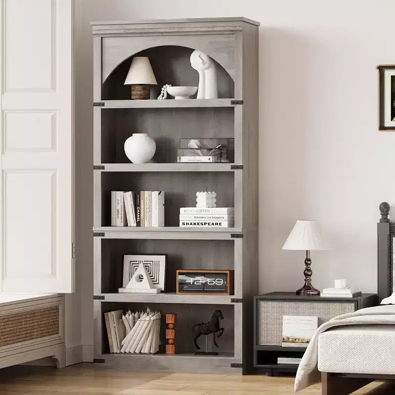 Bibliothèque arquée, étagère à 5 niveaux, bibliothèque de style ferme de 174,5 cm de haut, étagère de rangement incurvée pour le bureau à domicile, le salon