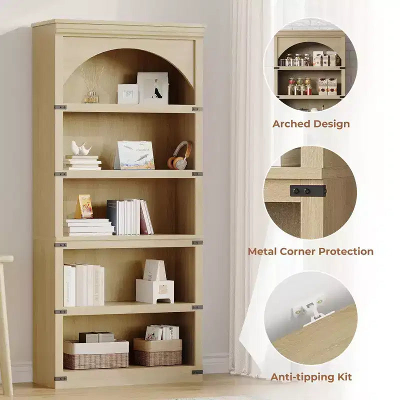 Bibliothèque arquée, étagère à 5 niveaux, bibliothèque de style ferme de 174,5 cm de haut, étagère de rangement incurvée pour le bureau à domicile, le salon