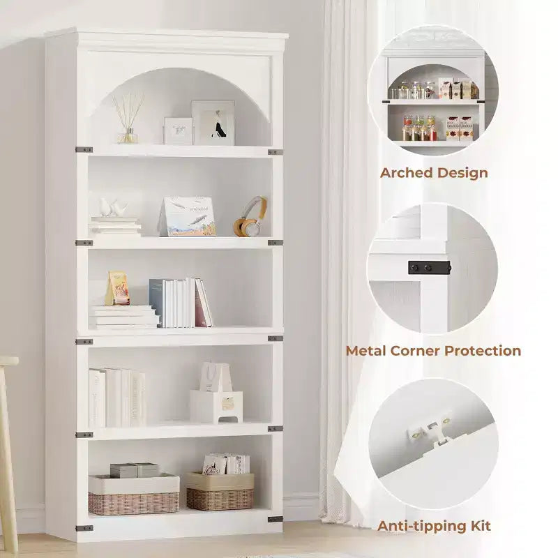 Bibliothèque arquée, étagère à 5 niveaux, bibliothèque de style ferme de 174,5 cm de haut, étagère de rangement incurvée pour le bureau à domicile, le salon