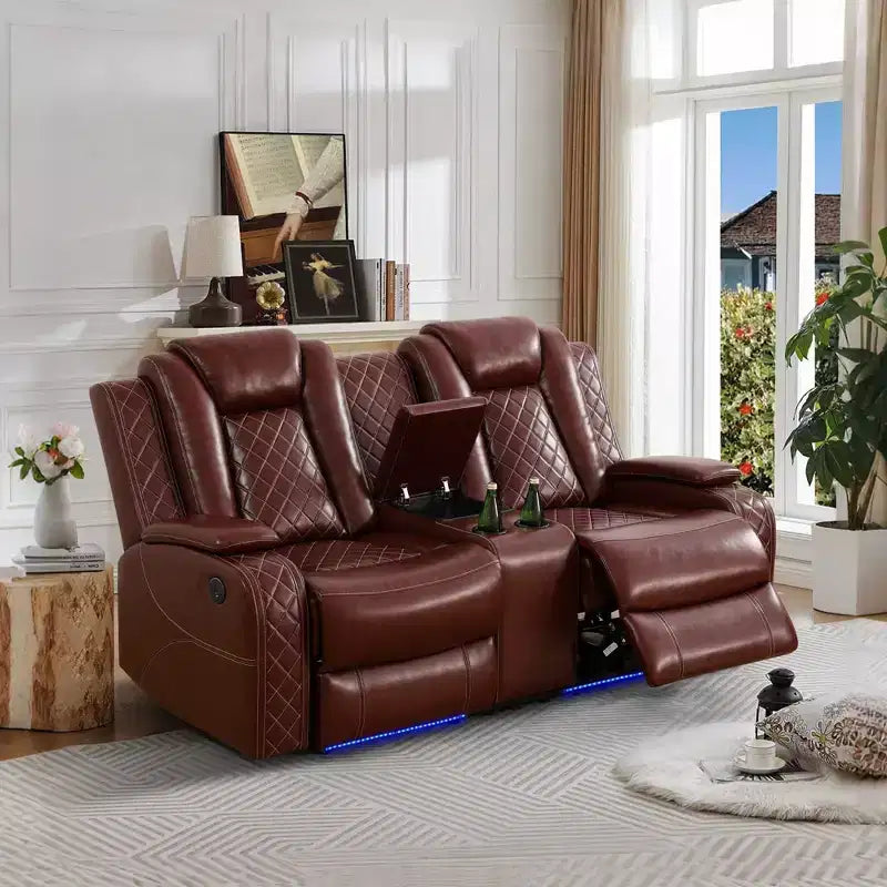 Canapé inclinable électrique deux places, fauteuil inclinable en cuir 2 places électrique avec port USB, rangement et porte-gobelets pour salon, marron