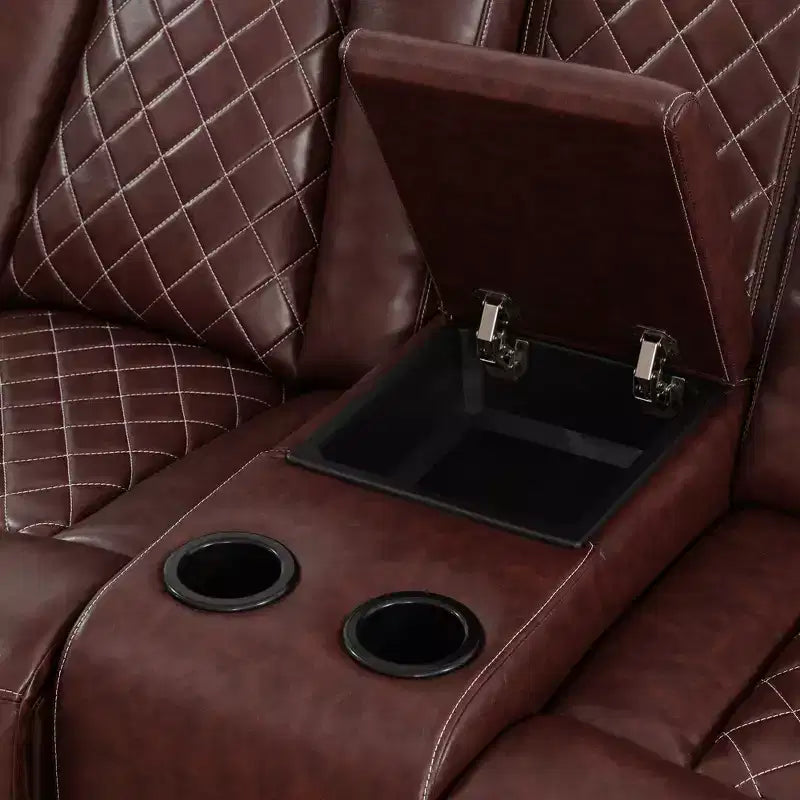 Canapé inclinable électrique deux places, fauteuil inclinable en cuir 2 places électrique avec port USB, rangement et porte-gobelets pour salon, marron