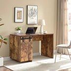 Okak 47.25IN Farmhouse Home Office Desks, Computer Desk with 1 Faux Barn Door and 3-Tier Shelves, Standing Desk for Home, Office