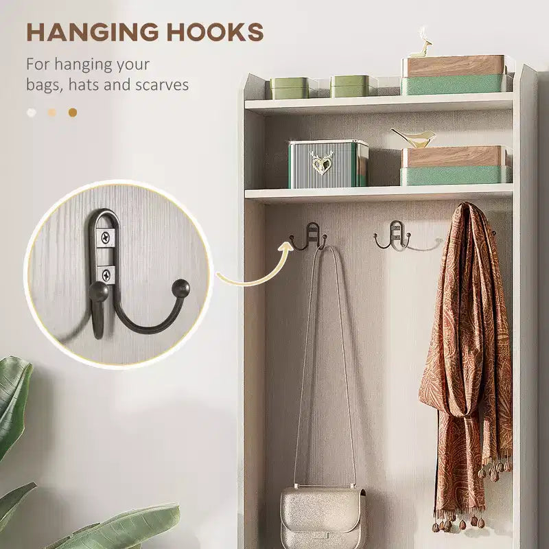 Meuble d'entrée étroit avec banc à chaussures, banc rustique avec porte-manteau, porte-manteau décoratif avec étagères de rangement pour couloir, vestiaire