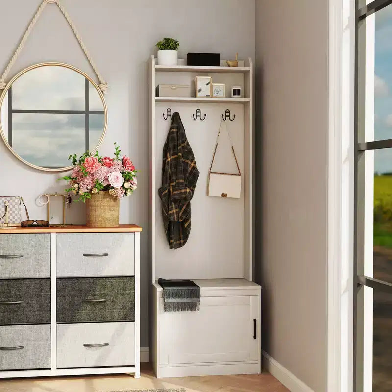 Meuble d'entrée étroit avec banc à chaussures, banc rustique avec porte-manteau, porte-manteau décoratif avec étagères de rangement pour couloir, vestiaire