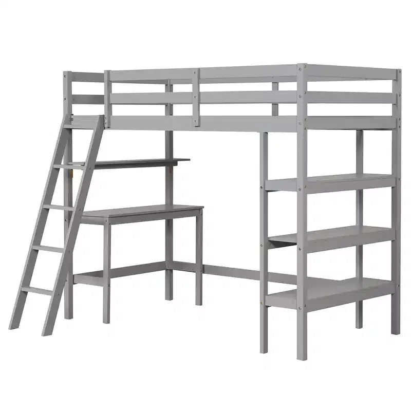 Lit mezzanine en bois massif de taille double avec bureau et étagères