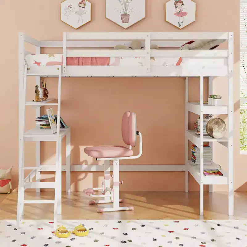 Lit mezzanine en bois massif de taille double avec bureau et étagères