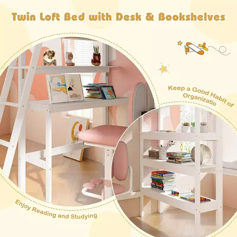 Lit mezzanine en bois massif de taille double avec bureau et étagères