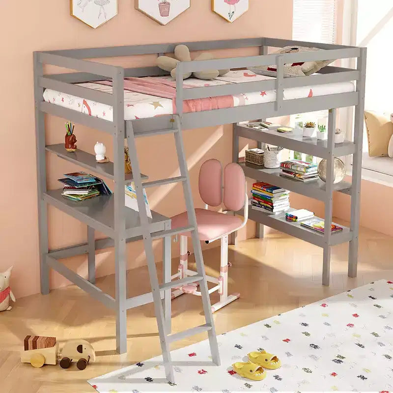 Lit mezzanine en bois massif de taille double avec bureau et étagères