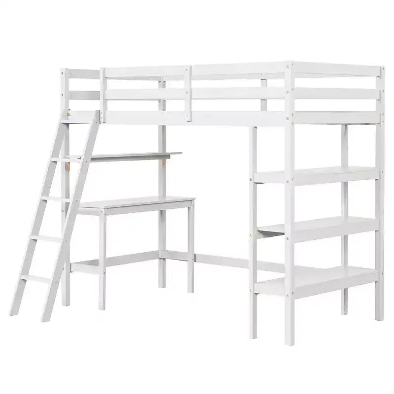 Lit mezzanine en bois massif de taille double avec bureau et étagères