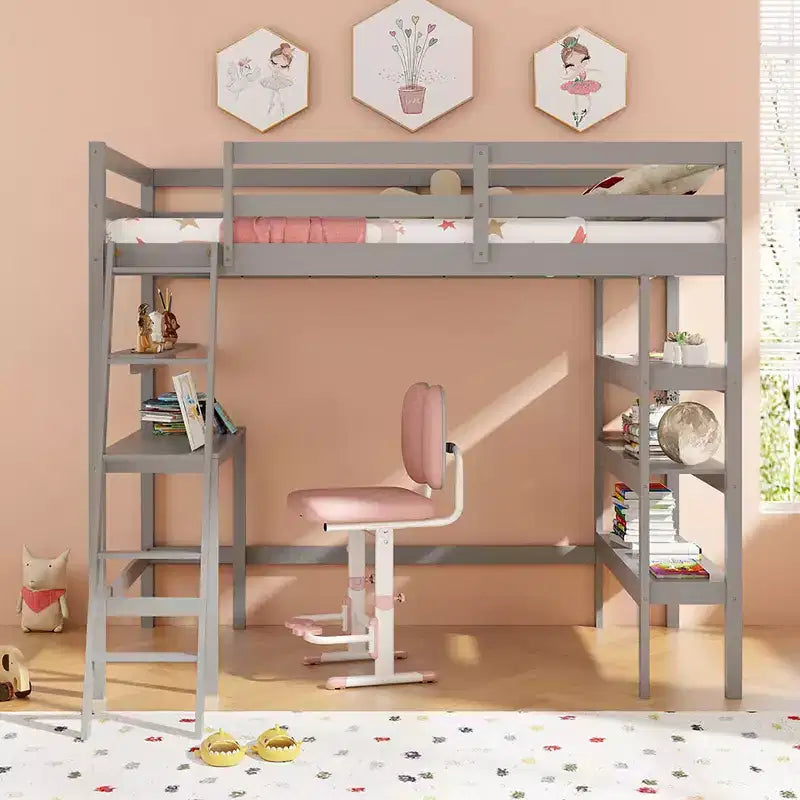Lit mezzanine en bois massif de taille double avec bureau et étagères
