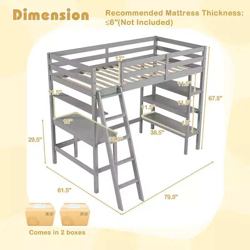 Lit mezzanine en bois massif de taille double avec bureau et étagères