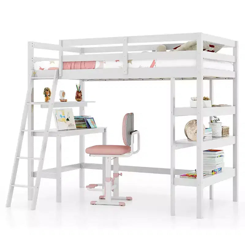 Lit mezzanine en bois massif de taille double avec bureau et étagères