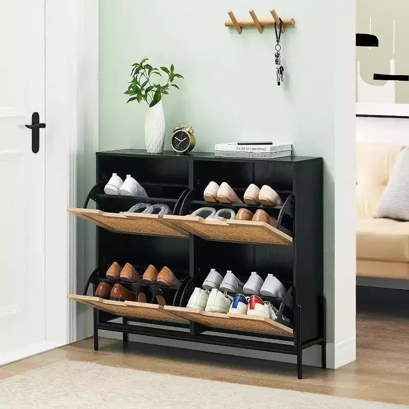 GustoWave 4-Door Freestanding Rattan Shoe Cabinet Organizer with Adjustable Shelves