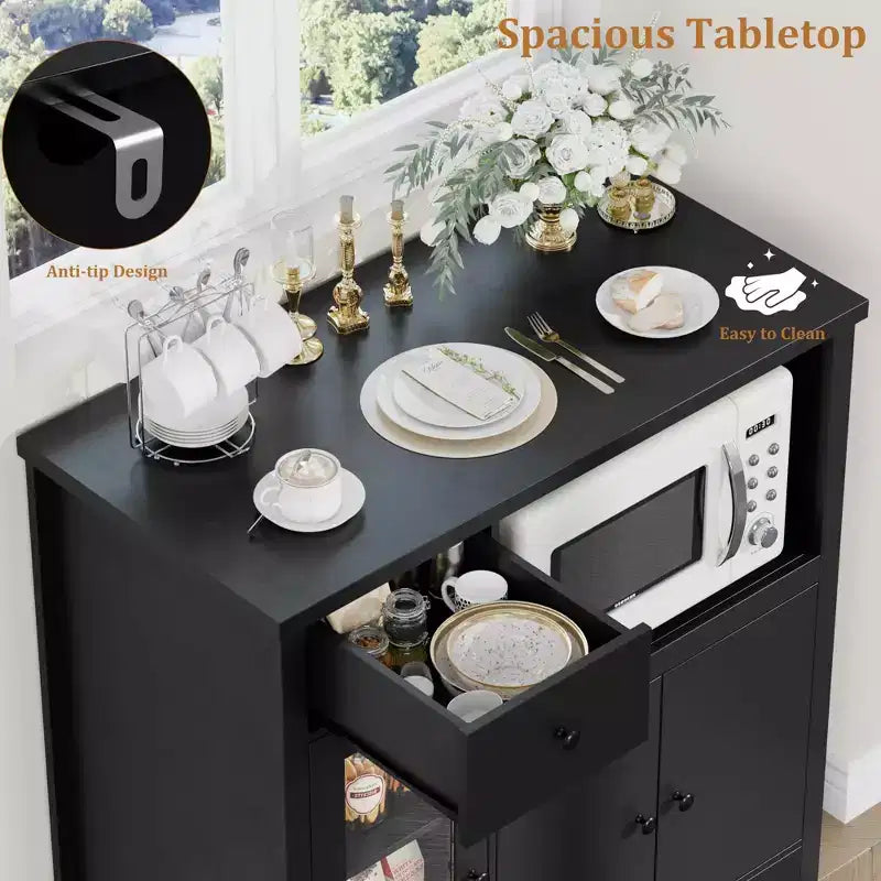Bahut de rangement avec 3 portes, 1 tiroir et étagères réglables pour cuisine, salle à manger, salon et couloir, noir