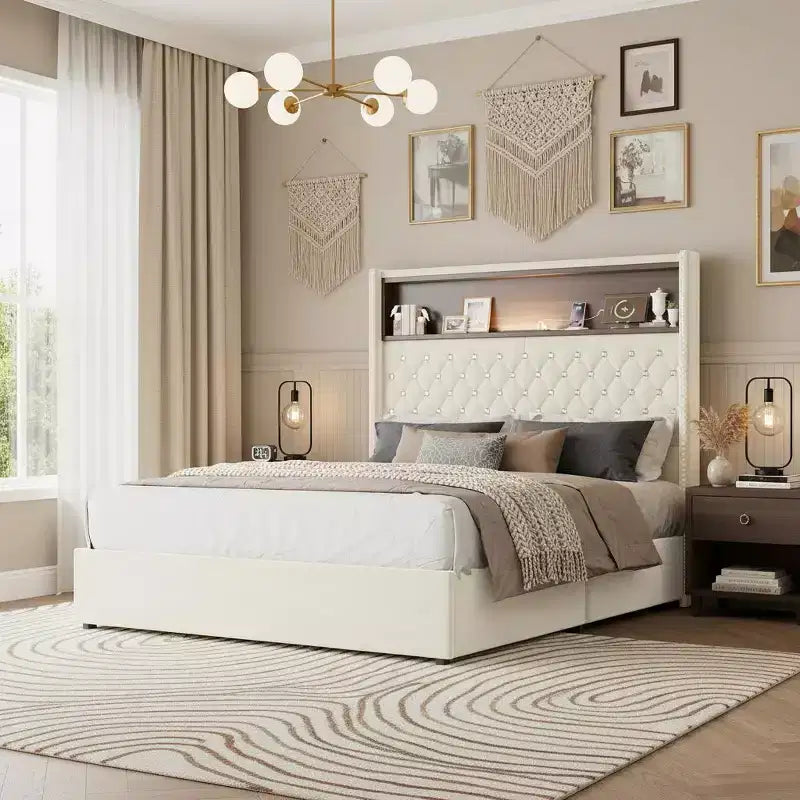 Polibi Velvet Bed Frame with Tufted Headboard, Shelf Storage, USB Ports & LED Light